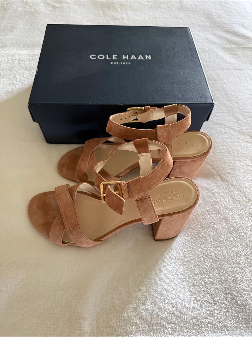 Cole Haan Suede Block Heel Sandals in Tan Brown